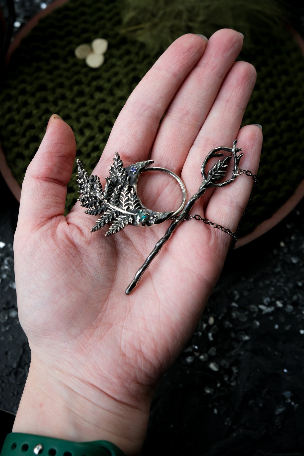 Crescent moon hairpin with ferns (topaz, fianite, syntetic saphire)