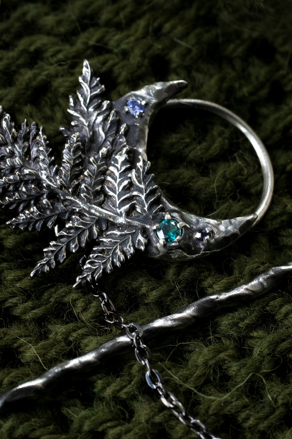 Crescent moon hairpin with ferns (topaz, fianite, syntetic saphire)