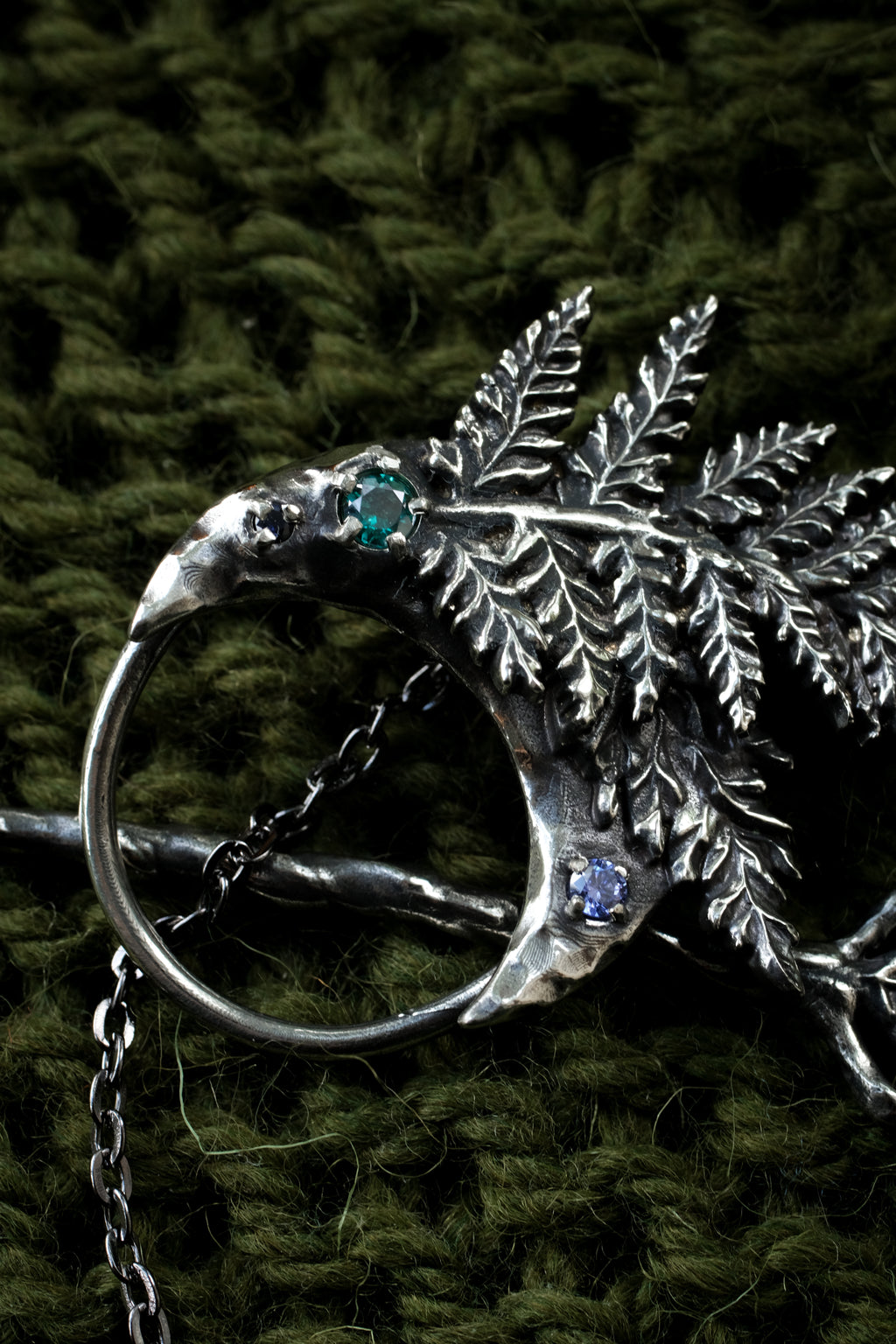 Crescent moon hairpin with ferns (topaz, fianite, syntetic saphire)