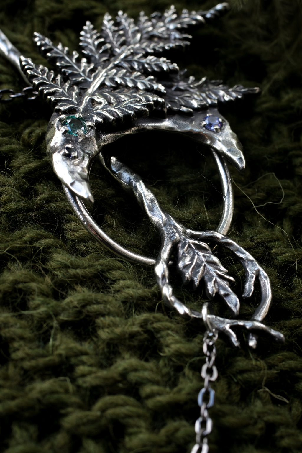 Crescent moon hairpin with ferns (topaz, fianite, syntetic saphire)