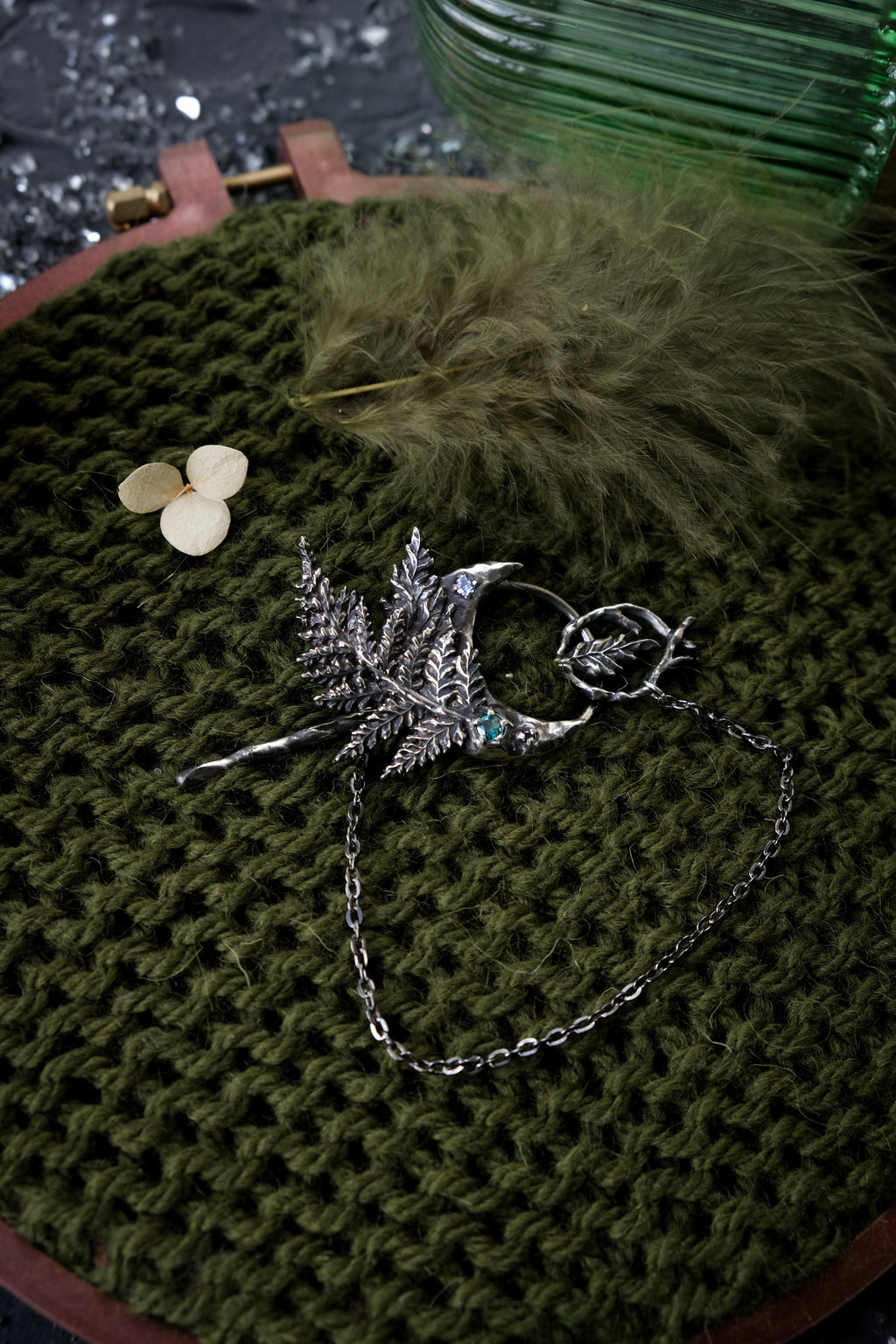Crescent moon hairpin with ferns (topaz, fianite, syntetic saphire)