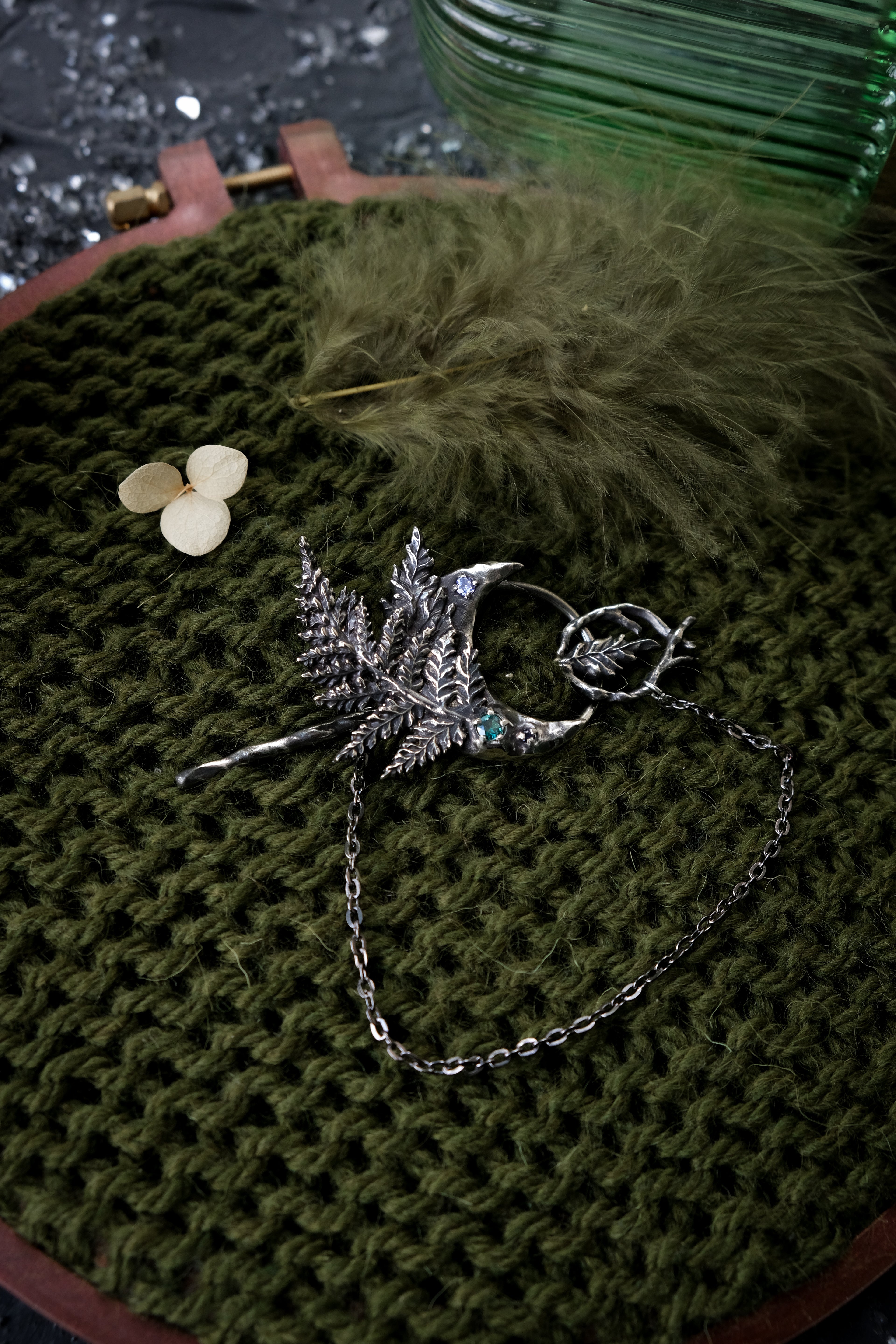 Crescent moon hairpin with ferns (topaz, fianite, syntetic saphire)