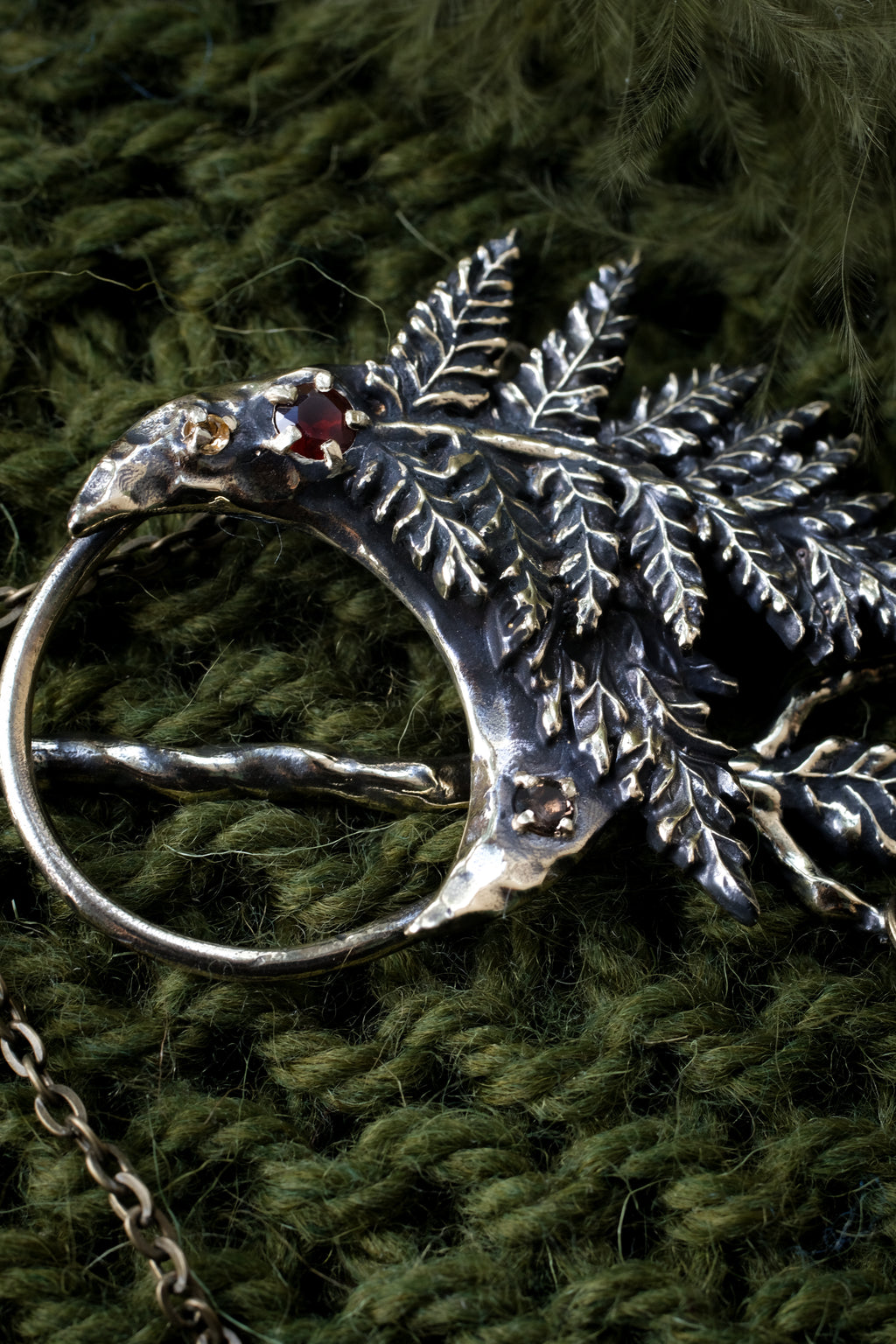 Crescent moon hairpin with ferns (garnet, rauchtopaz,citrine)