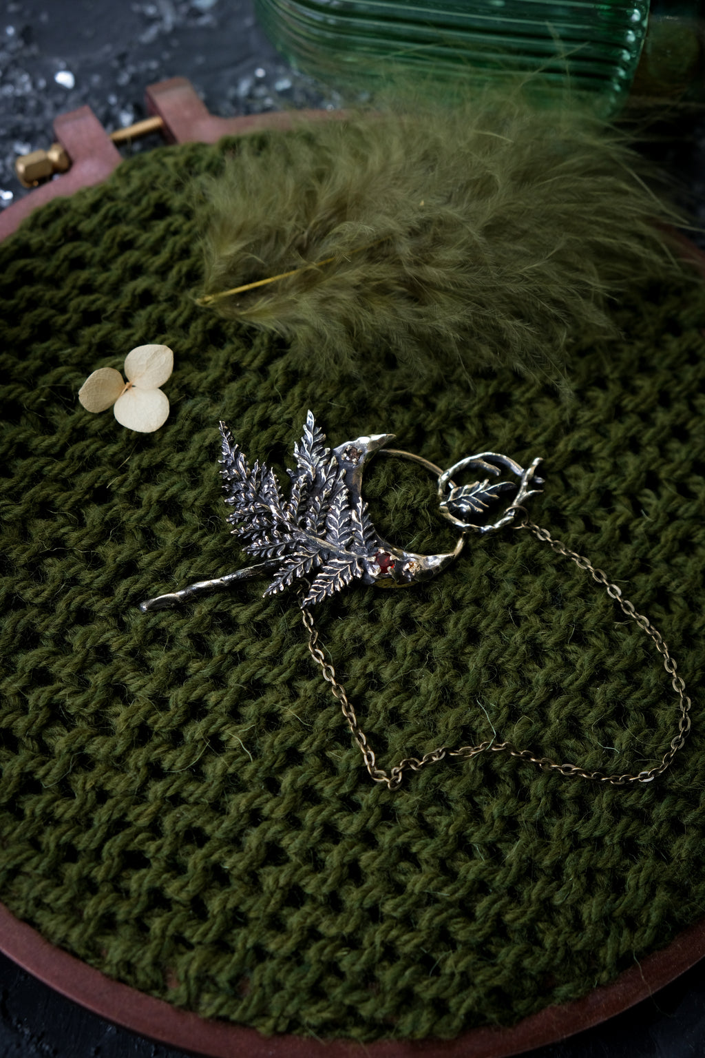 Crescent moon hairpin with ferns (garnet, rauchtopaz,citrine)