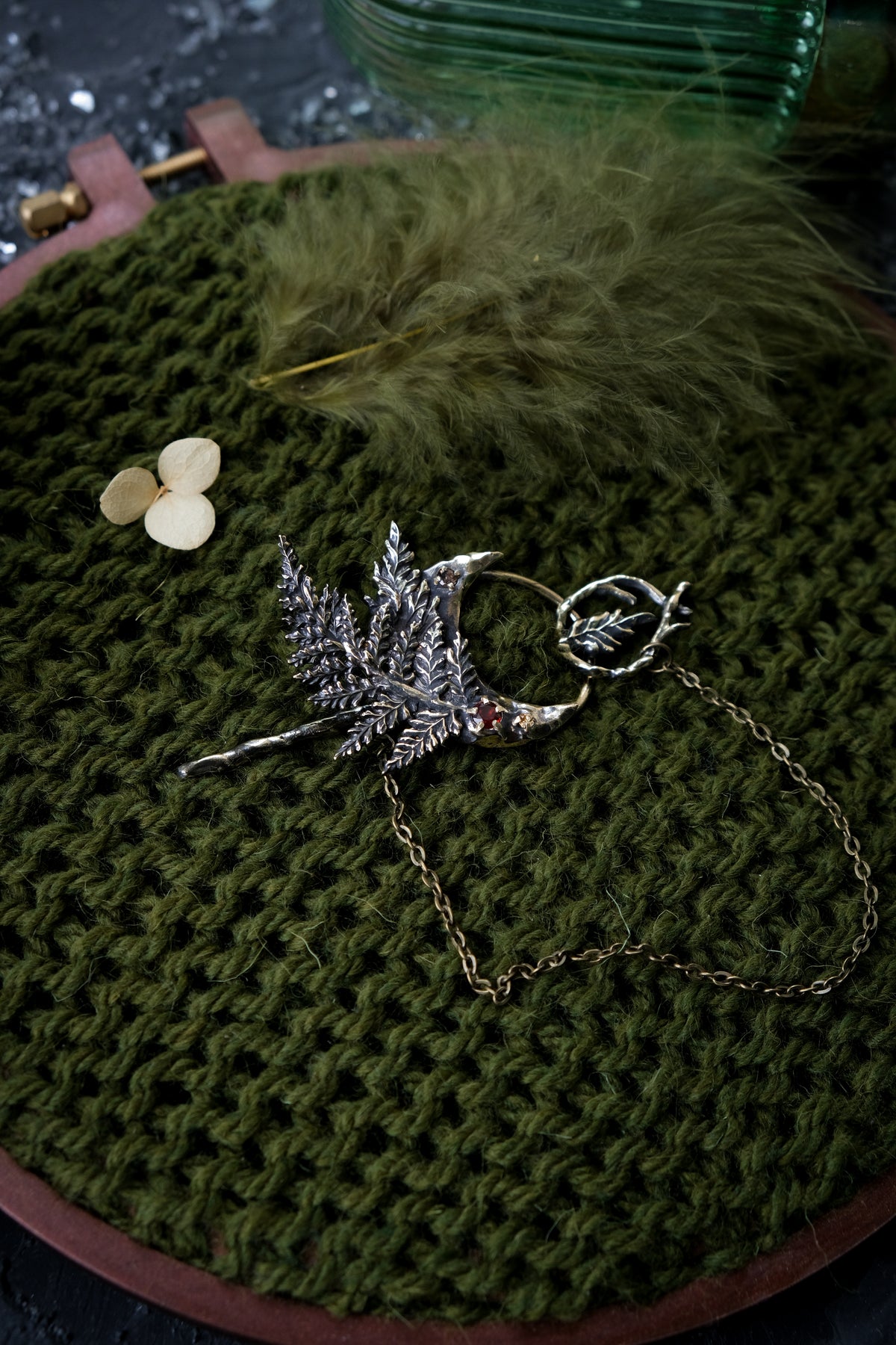 Crescent moon hairpin with ferns (garnet, rauchtopaz,citrine)