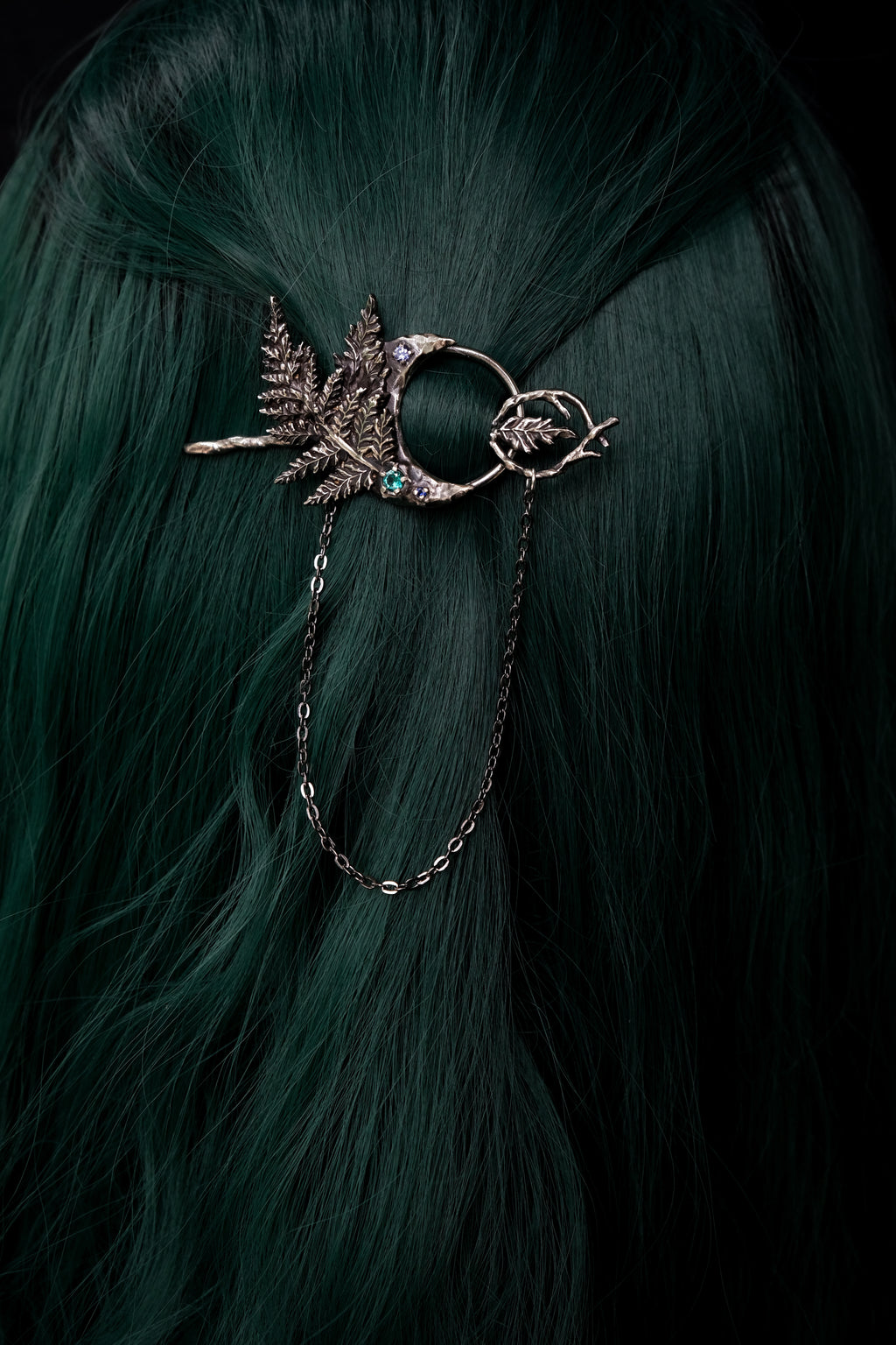 Crescent moon hairpin with ferns (topaz, fianite, syntetic saphire)