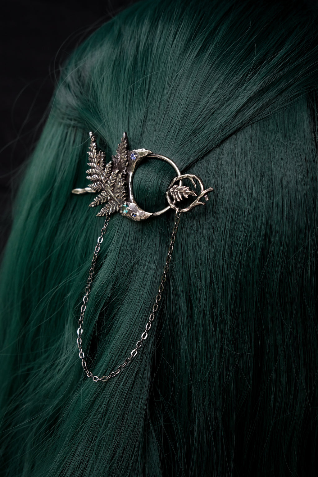 Crescent moon hairpin with ferns (topaz, fianite, syntetic saphire)