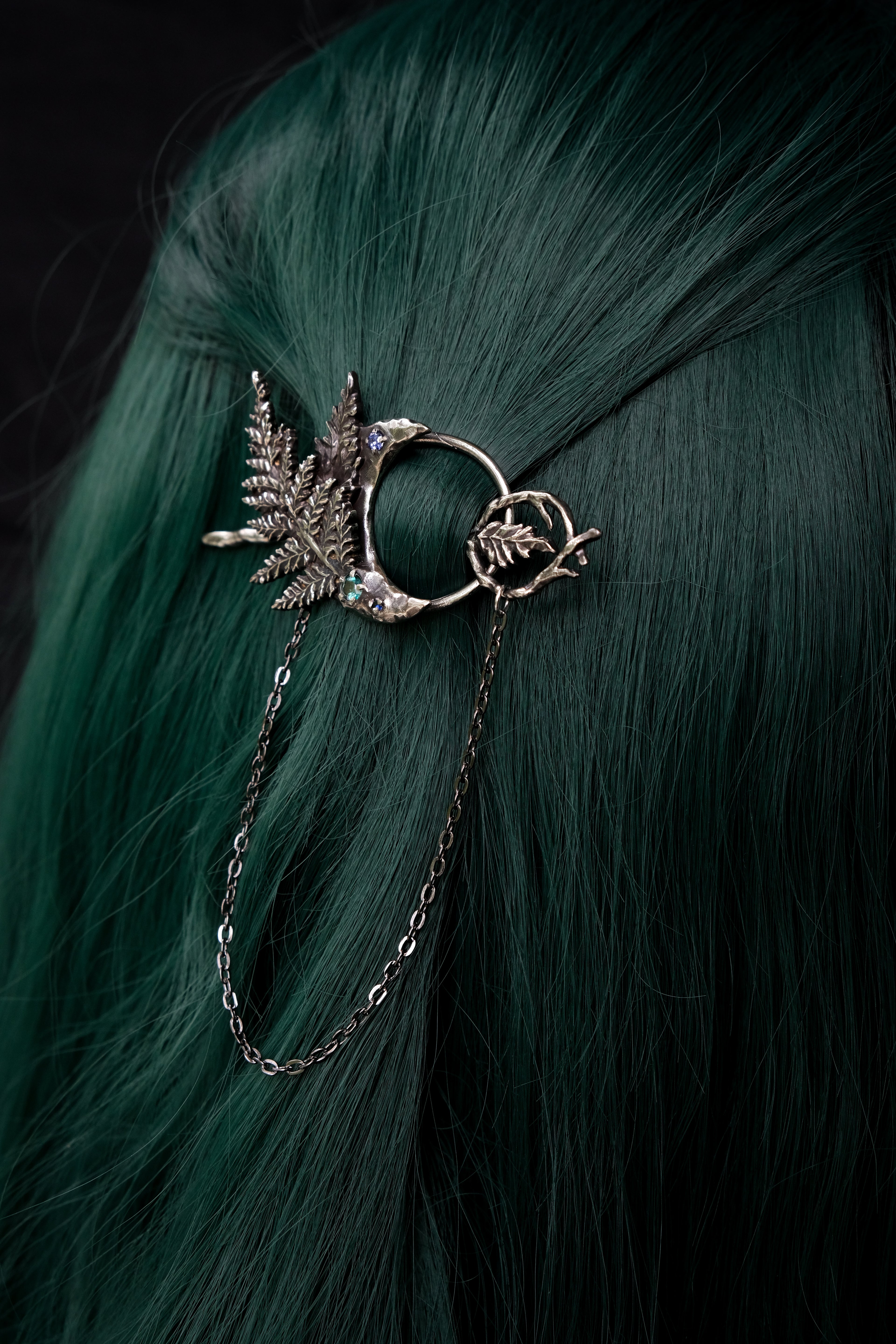 Crescent moon hairpin with ferns (topaz, fianite, syntetic saphire)