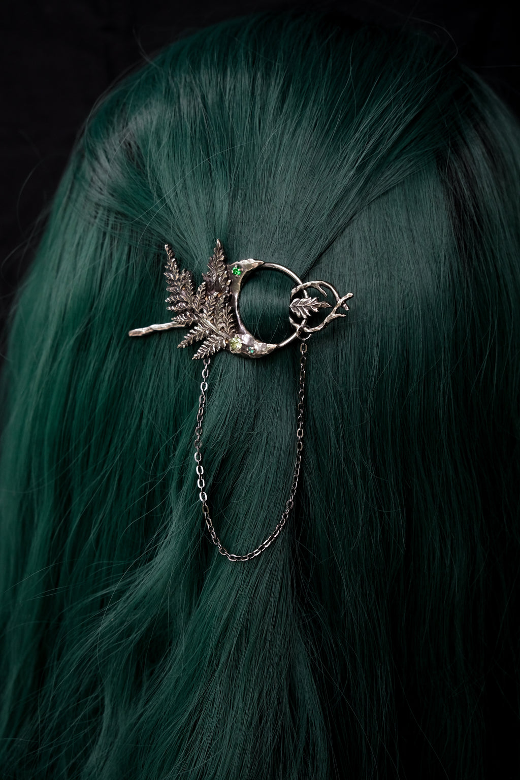 Crescent moon hairpin with ferns (chrisolite, fianite, agate)