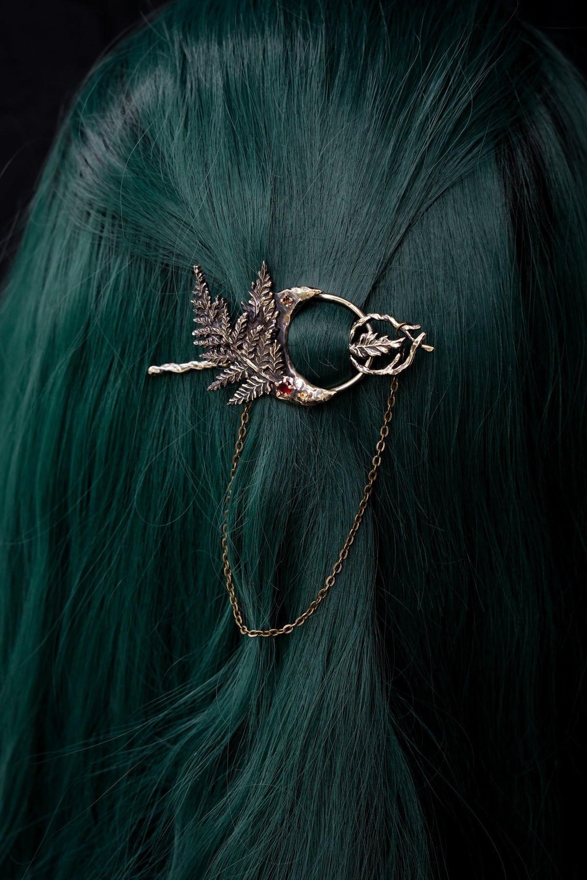 Crescent moon hairpin with ferns (garnet, rauchtopaz,citrine)