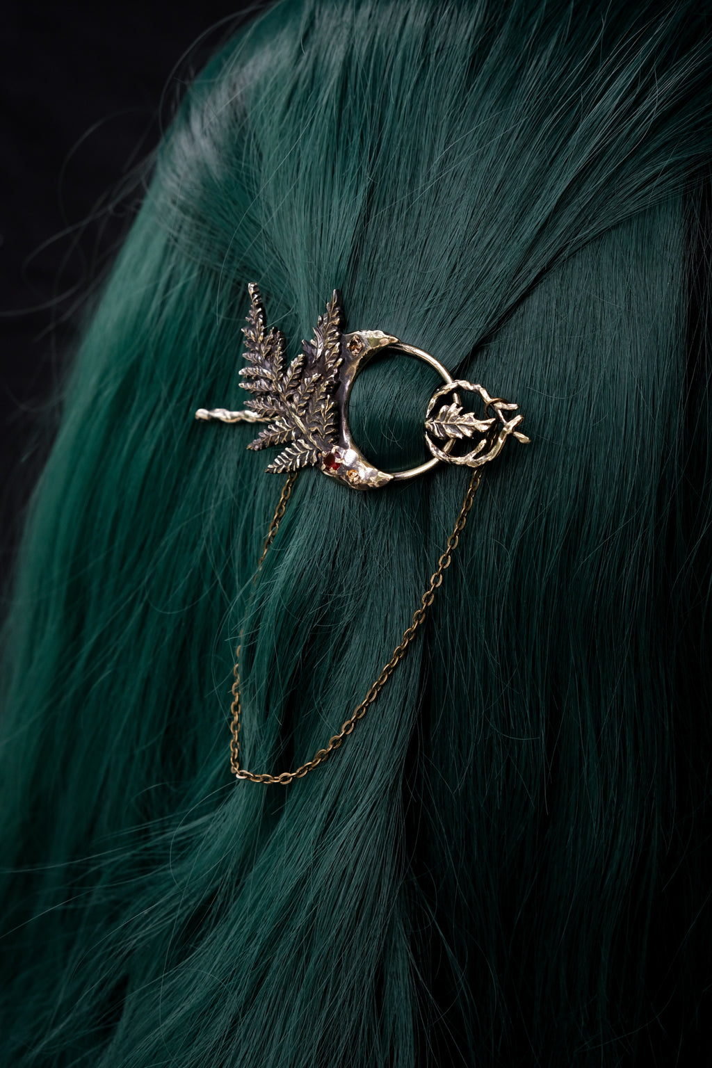 Crescent moon hairpin with ferns (garnet, rauchtopaz,citrine)