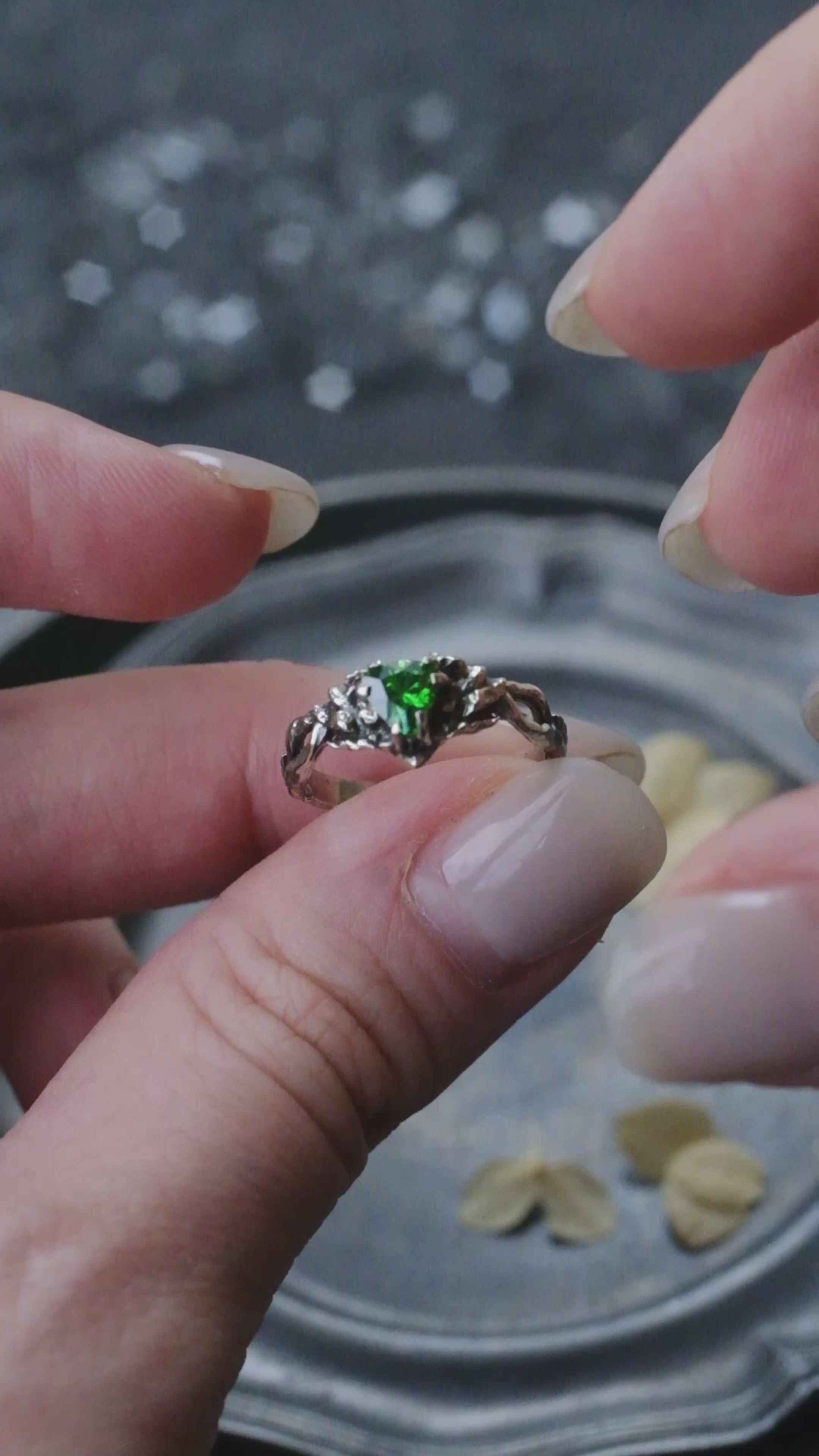 Elven branch ring with green fianite