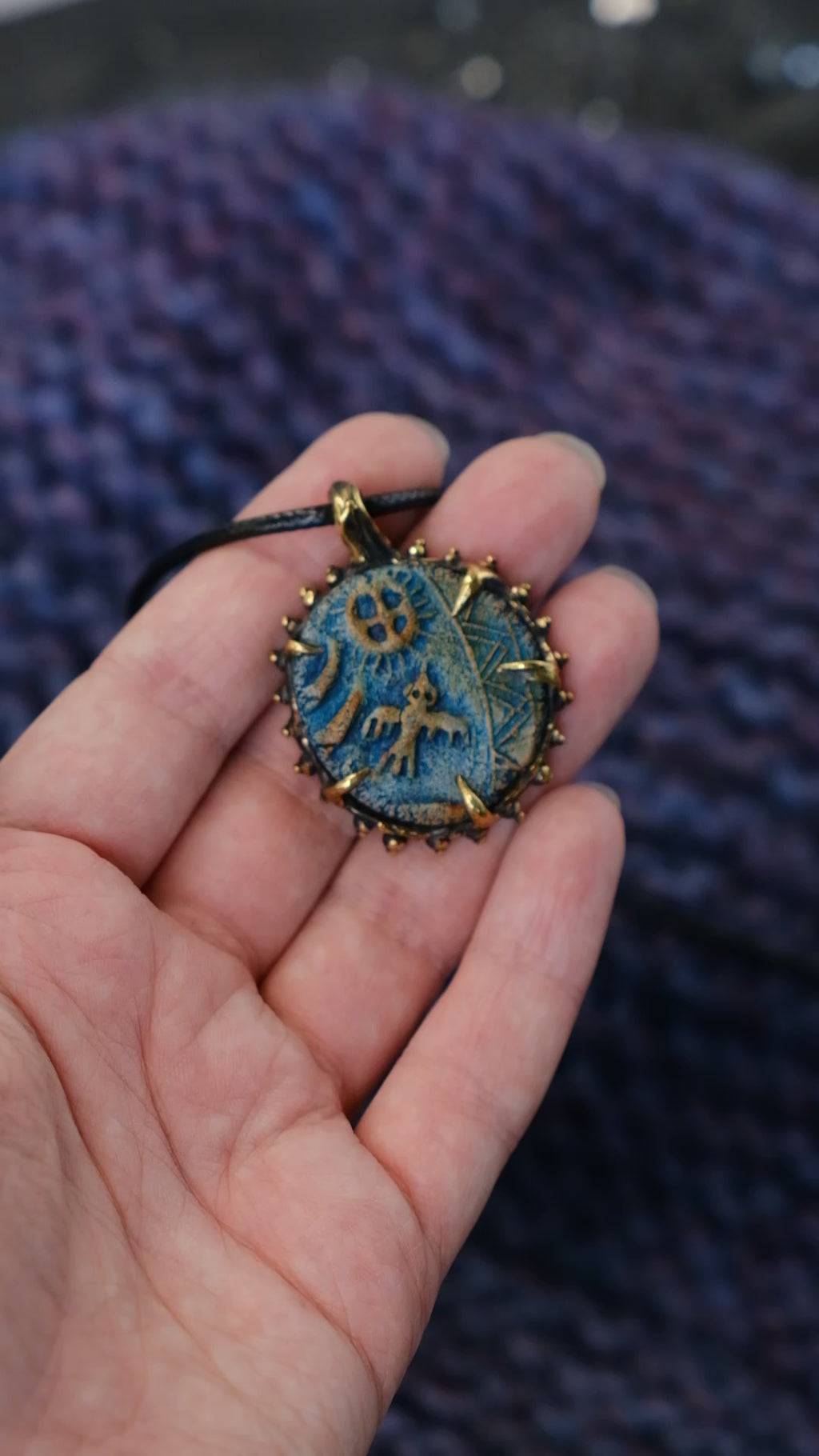 Brass pendant with owl ceramic cabochon