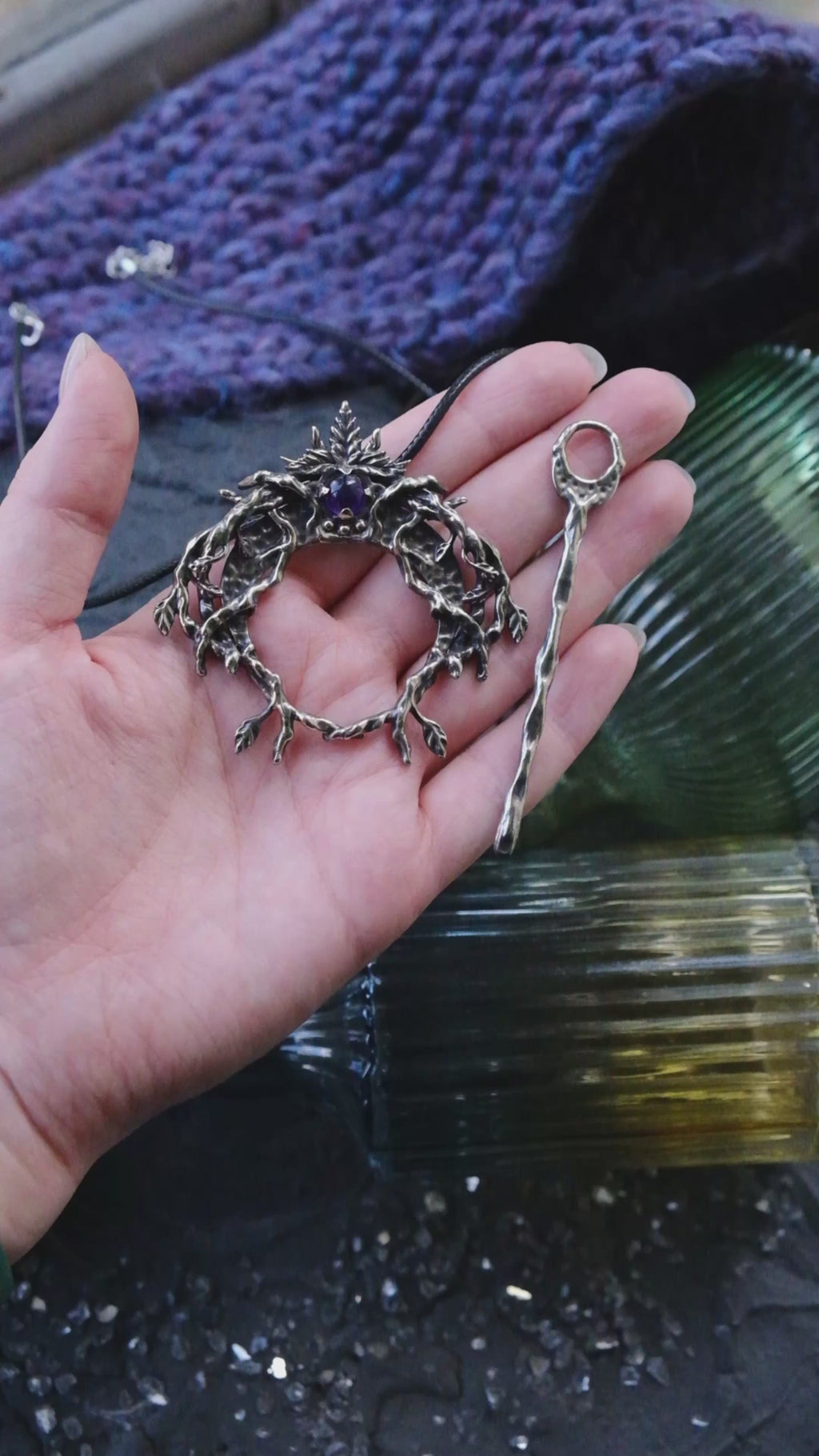 Crescent moon hairpin with amethyst