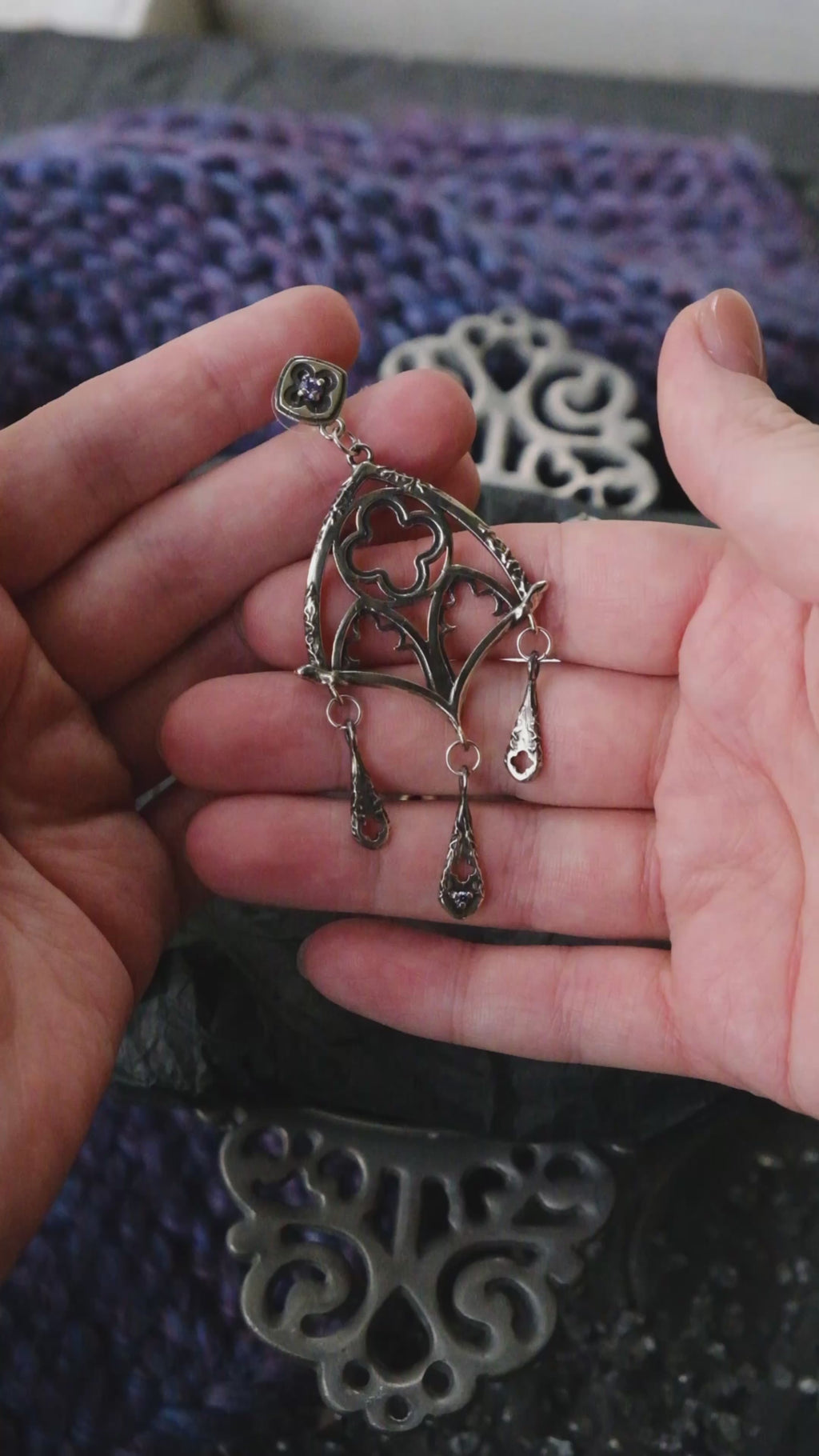 Gothic window earrings with violet fianite