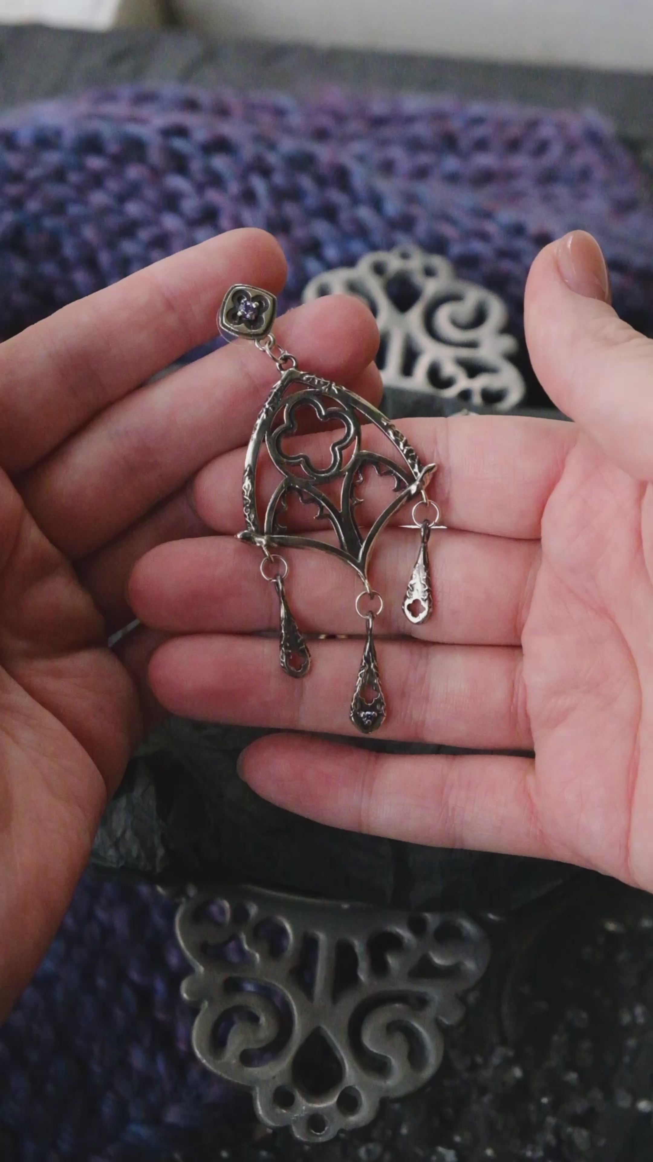 Gothic window earrings with violet fianite