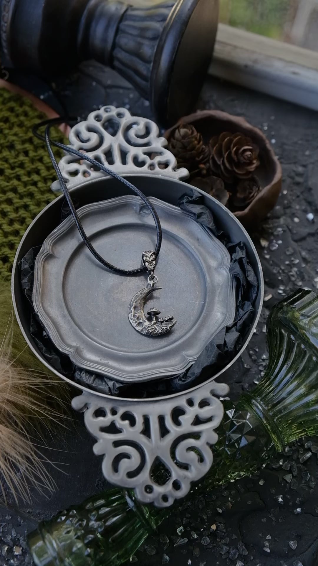 Crescent moon with mushrooms pendant