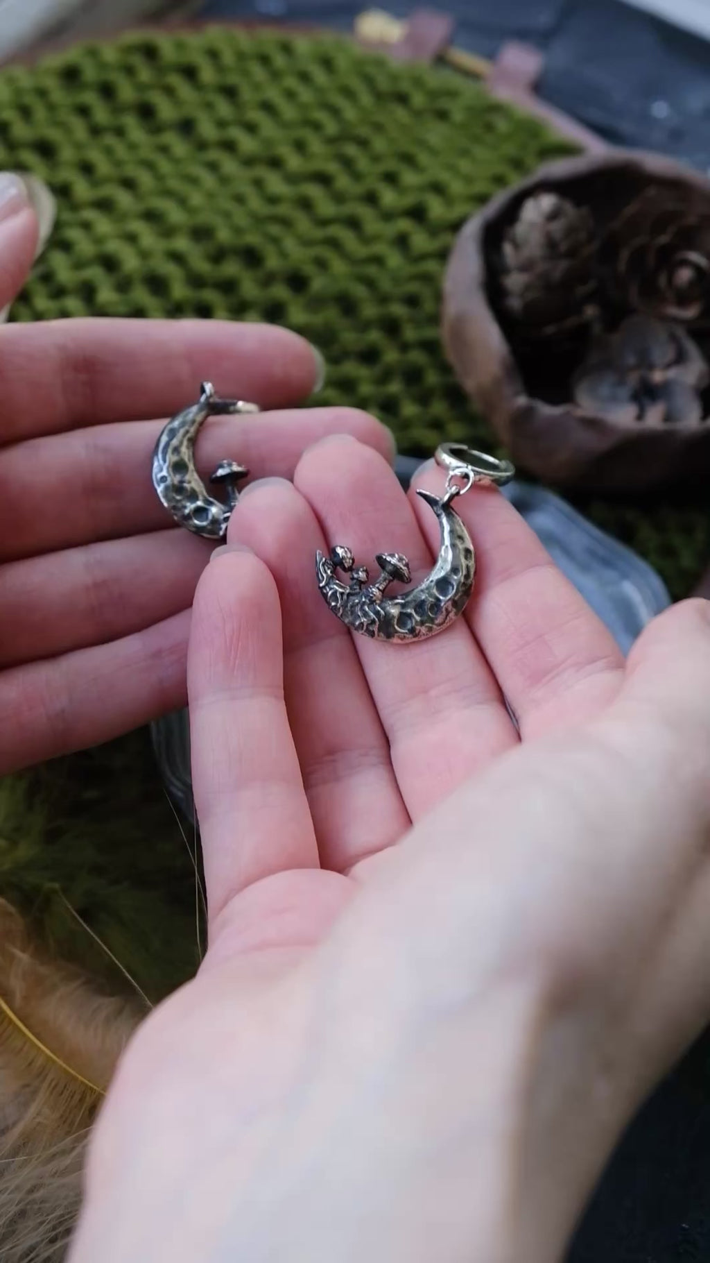 Crescent moon with mushrooms earrings
