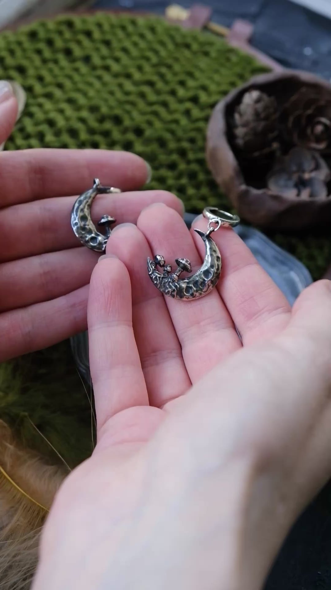 Crescent moon with mushrooms earrings