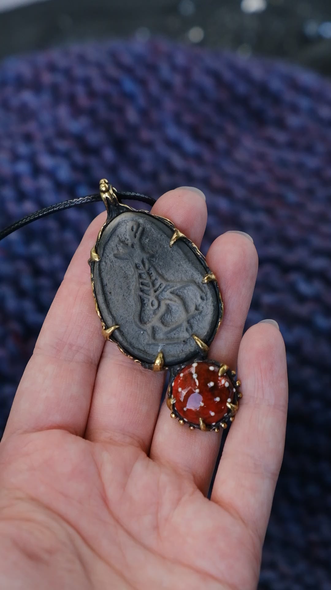 Brass pendant with ceramic cabochons