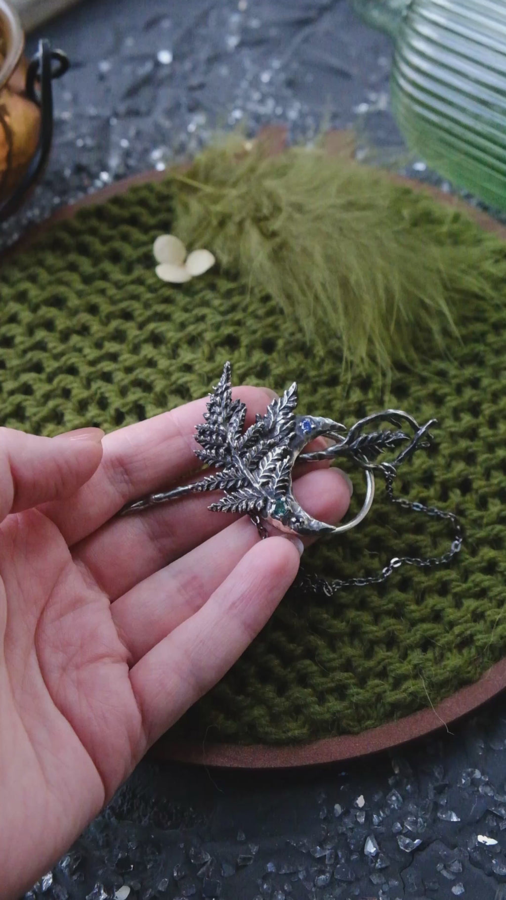 Crescent moon hairpin with ferns (topaz, fianite, syntetic saphire)